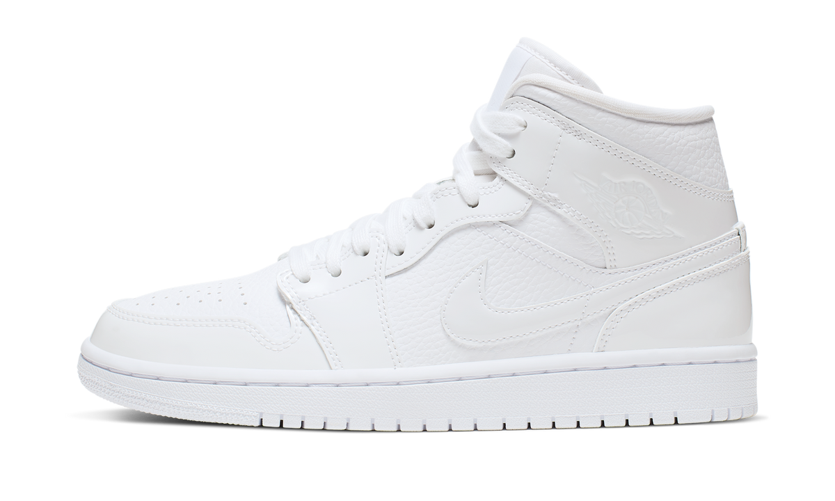 Air Jordan 1 Mid Triple White Patent Swoosh (Women's) BQ6472-100 — Vista 1