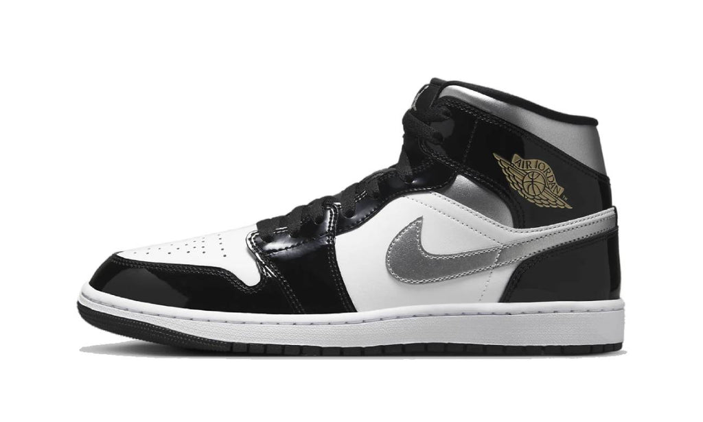 Air Jordan 1 Mid SE Patent Black White Metallic Silver Metallic Gold HV0789-010 — Vista 1